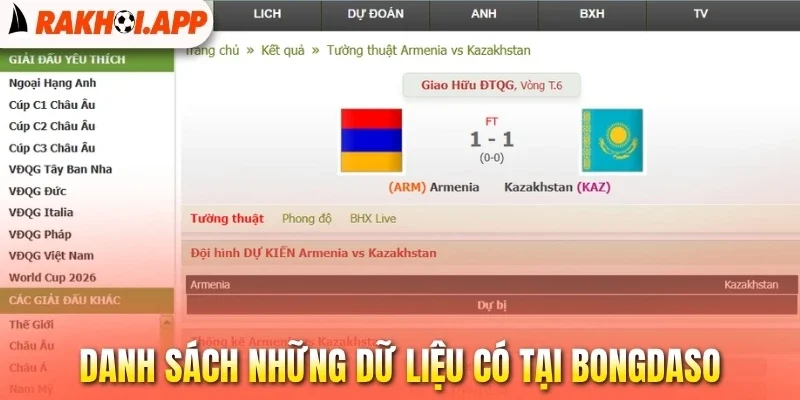 Bongdaso - Update Dữ Liệu Và Xem Bóng Đá Hôm Nay Full HD 2 Danh sách những dữ liệu có tại Bongdaso